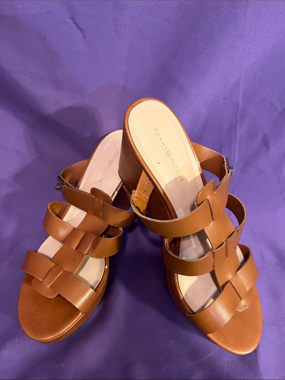 Tommy Hilfiger Brown Leather Woven Wedge Mules